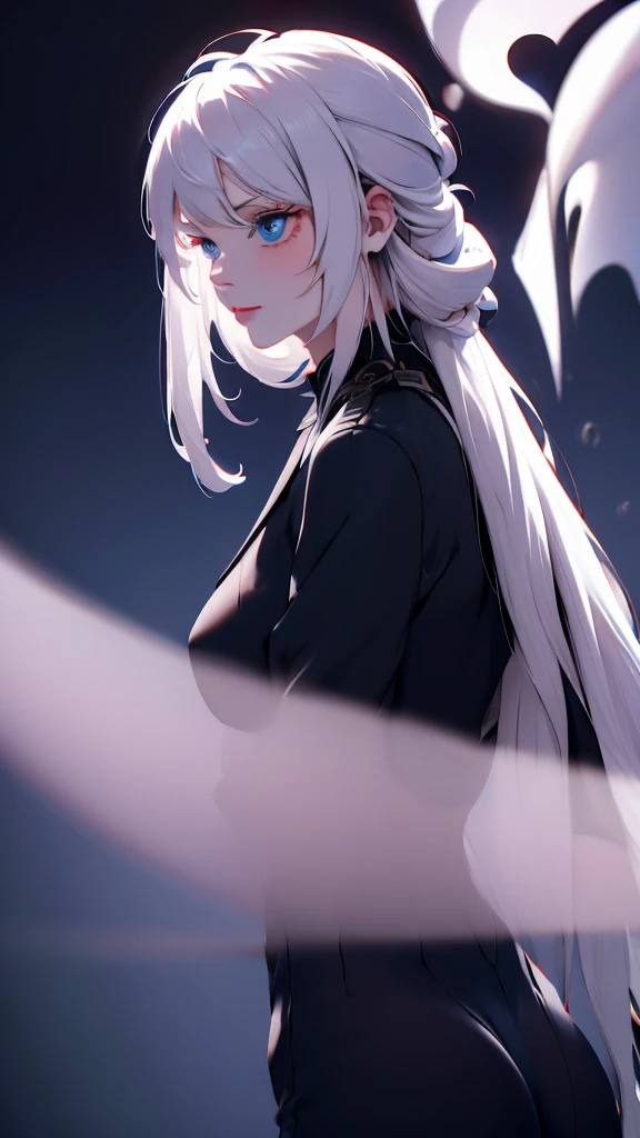 1 girl, medium light white hair, light blue eyes, wearing black suit , night city, absurdres , high res, ultrasharp, 8K, masterpiece, looking from behind
