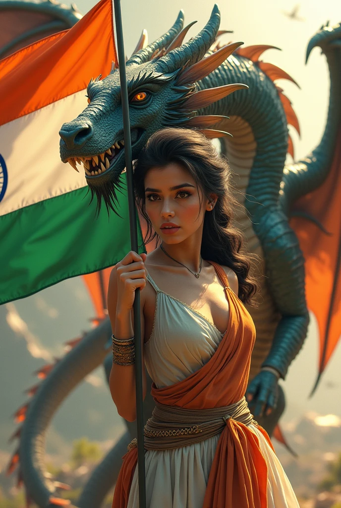 Prompt “Illustration with an Indian flag in hand of beautiful girl. A ferocious dragon caring her. The text "Shailja" as her name and she has Indian tricolor wings. ‘Create a 3D illusion profile picture in 4K.”