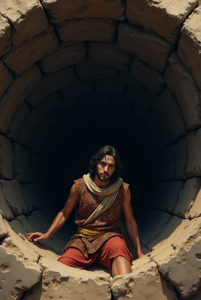 Creating images of a young man inside a deep, waterless well, in biblical times, he is wearing a colorful tunic in a very deep well the boy is lying down