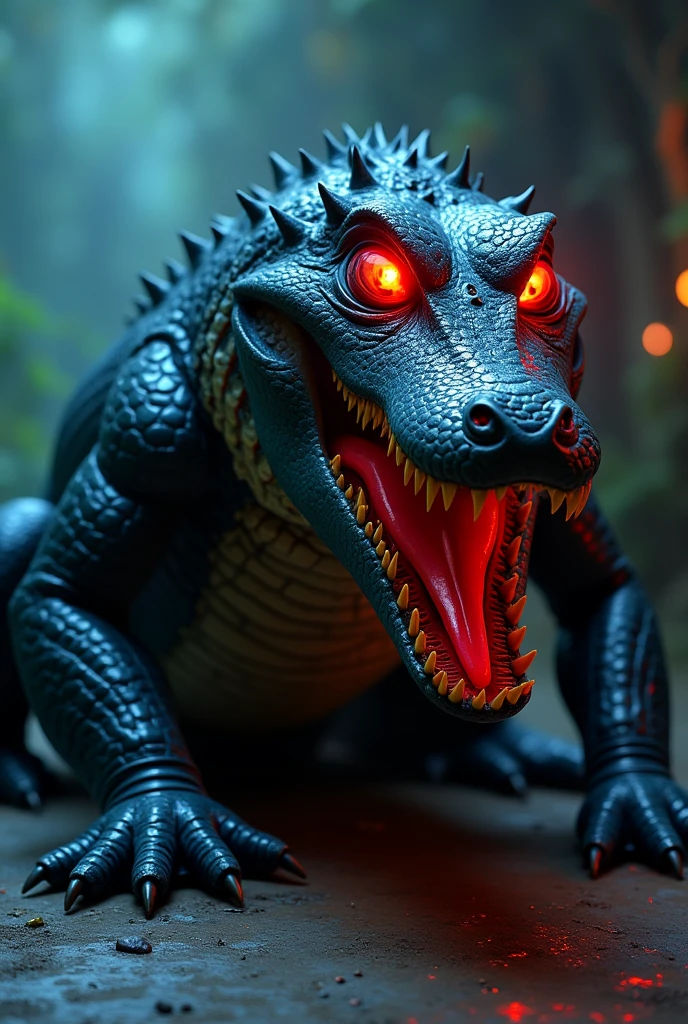 black crocodile looking forward, head entirely red, rest of the body very black and dark, red tongue, big fit ass, with reptilian hands, bio-luminescent, glare eyes, on the floor and colored hands