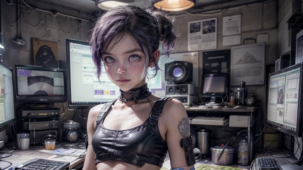 A hot cute young woman dressed in sexy cyberpunk clothes, facing camera, a little smile, standing in front of a wall of computers, intricate designs, Smokey room, purple Celtic tribal tattoos, ((purple eye iris, flat chested, toned abs, baby face)), (intense colors), undercut purple hair with ponytail, cyberpunk background, dressed in cyberpunk leather clothes, cameltoe showing, puffy vulva, facing forward