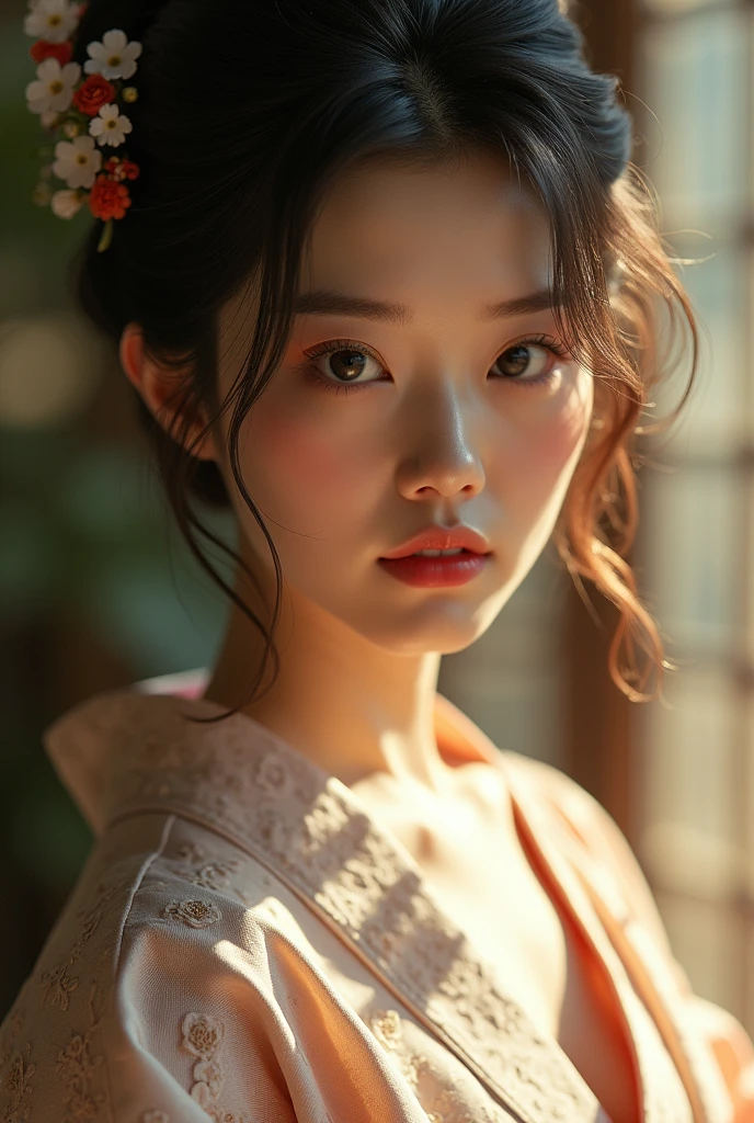 An elegantly dressed Japanese woman in natural light、A close-up of her chest and calm expression.、It shows her inner peace and outer charm.。