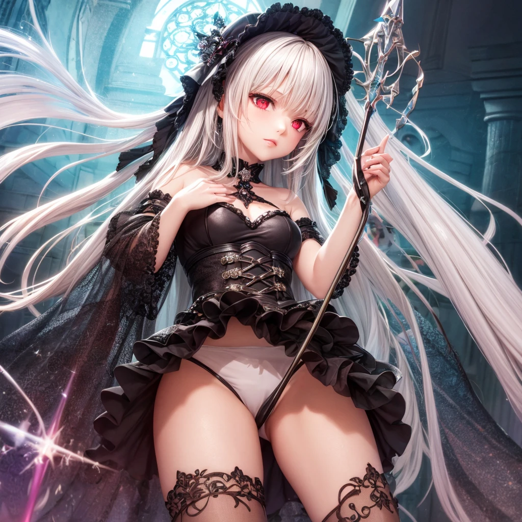 quality,8k,Highly detailed CG unit, masterpiece,High resolution,top-quality, real texture skin,surreal,Increase the resolution,RAW Photos,highest quality,Very detailed,From below,Cool Beauty,Glamour Women, Cool pose,Gothic ta,A skirt full of frills,Red accent embroidery,long hair shining white, Mysteriously glowing crimson eyes, Queen, world, Crystal Flower,Sparkling stained glass like a kaleidoscope,Majestic cathedral,Layered skirt with details, Detailed embroidery, Very layered ruffles, Detailed Texture,A geometric magic circle above your head,Ornamented silver walking stick,The hidden forbidden sanctuary,