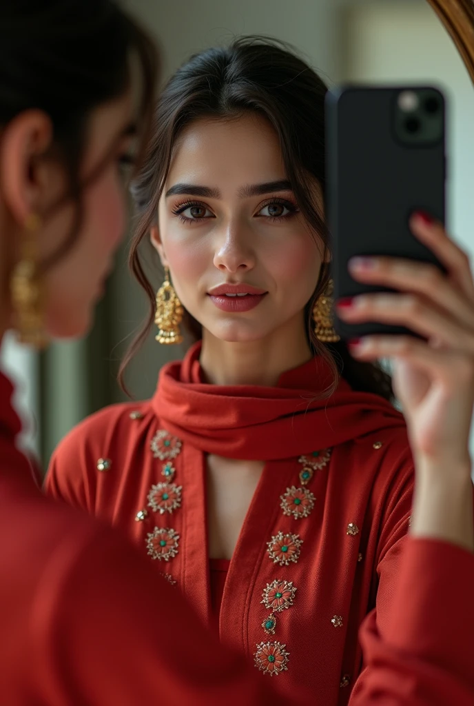 a wanna a realistic picture of human girl who is exact replica of ayeza khan having dimples and fair skin wearing eastern red shalwaar qamees with scarf taking picture in morror with iphoone 15 in hand