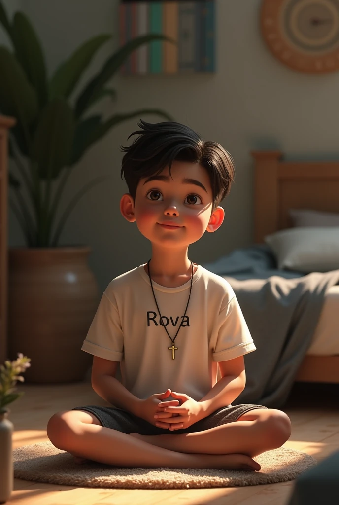 Une jeune garçon avec un mot Rova sur son tee-shirt Blanc avec un collier croix qui prie dans sa chambre