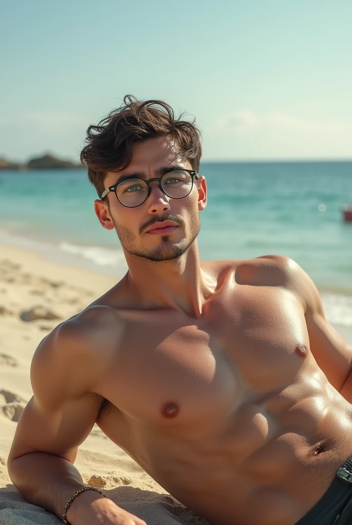 realistic photo, homme caucasien de 20 ans, allongé dans le sable, Kale, yeux verts, cheveux noir courts, lunettes arrondies, detailed face and body, corps fin, Drawn abdominals, jambes Kales, pied Kales, beach, sea, natural lighting, high resolution, photorealistic, (best quality,8k,high resolution,head of&#39;artwork:1.2),ultra-detailed,(realistic,photorealistic,photo-realistic:1.37)
