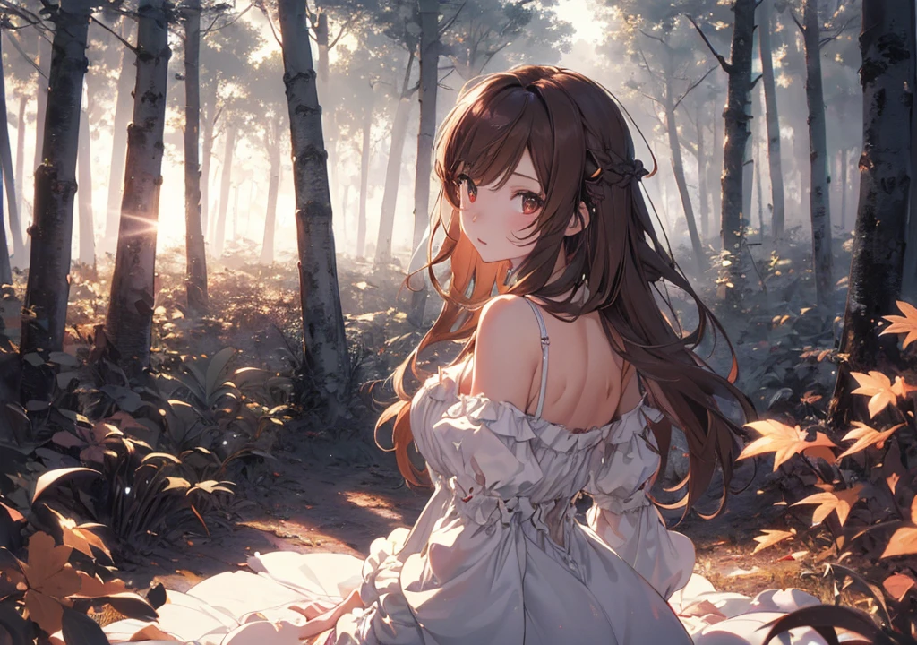 Realistic photos, Focus distance 10mm, Red and white, Beautiful girl, Realistic photos, Shooting at focus distance 10mm, masterpiece, 最high quality, high quality, Very detailed CG 8k wallpaper unit, Award-winning photography, Depth of written boundary, High resolution, bloom, chromatic aberration, Realistic, Very detailed, Art Station Trends, CGsociety Trends, Complex, High detail, dramatic, Art on the go, volumetric lighting, A brown-haired Disney princess-esque girl is walking through an old forest on Halloween night, holding a magic mirror. A mysterious fog and ghosts appear in the background