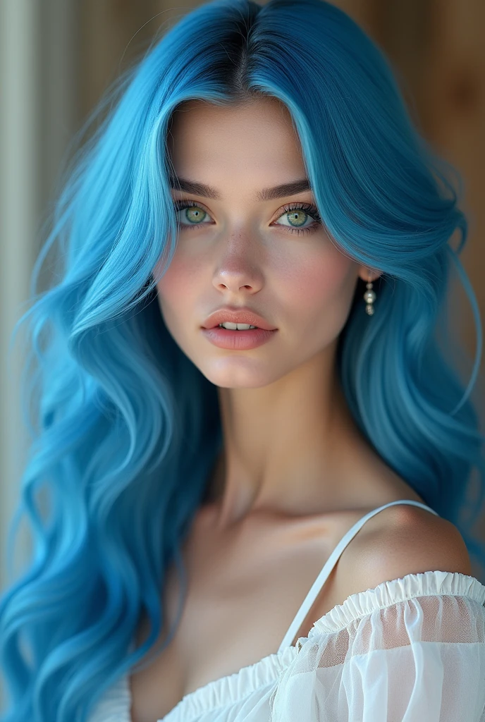 20 years old young girl with blue and white hair , long flowing blue hair, very long wavy azure blue hair, long blue hair, beautiful woman with blue hair, flowing blue hair, beautiful blue haired girl, pretty girl with blue hair, long azure blue hair, blue long hair, very long blue hair, girl with blue hair, blue hairstyle,, tall, beautiful, athletic figure, medium round breasts , green eyes,(best quality, 4k, 8k, high definition), ultra detail, detailed face and facial features, beautiful detailed eyes, beautiful detailed lips, extremely detailed eyes and face, long eyelashes, graceful triangular face, classic lip shape, small graceful nose, super realistic photo, portrait