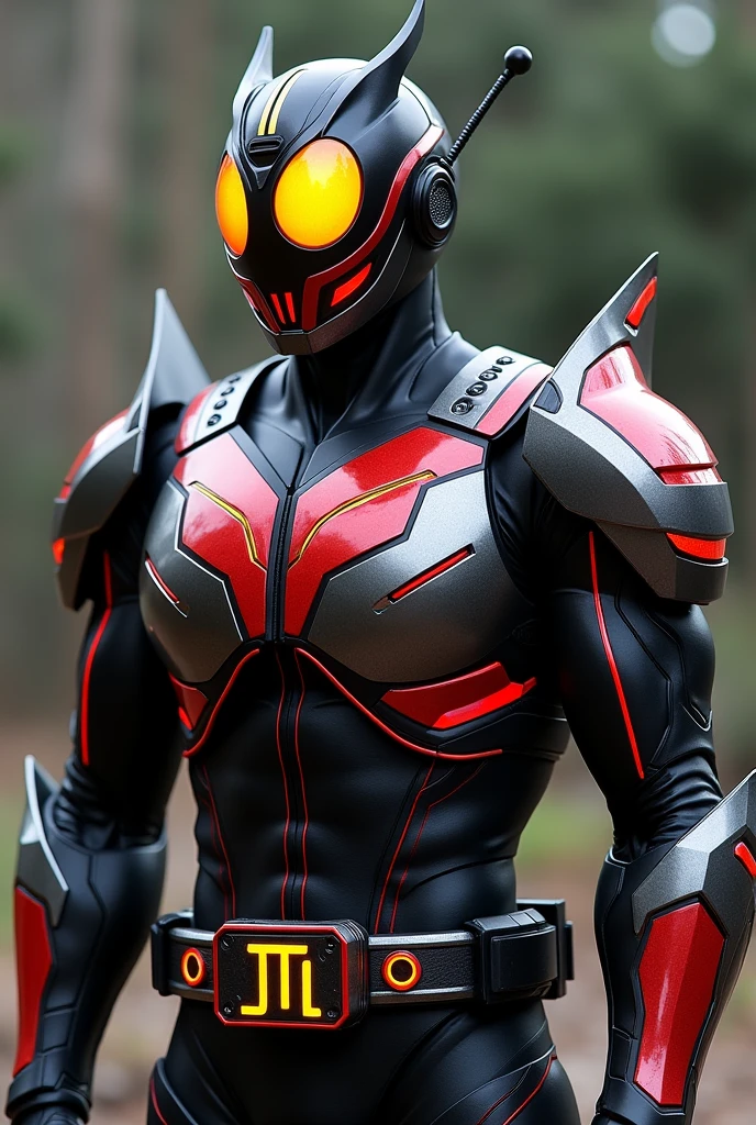 Kamen Rider Faiz 555 Transforms with a cell phone Black body with red lines Silver on chest and other parts Has yellow eyes Overall body armor is rounded The Greek letter Φ is the motif and the face is also round overall A cell phone is attached to the belt The eyes are yellow and shaped like the letter φ There is a red line around the object that is integrated with the antenna 