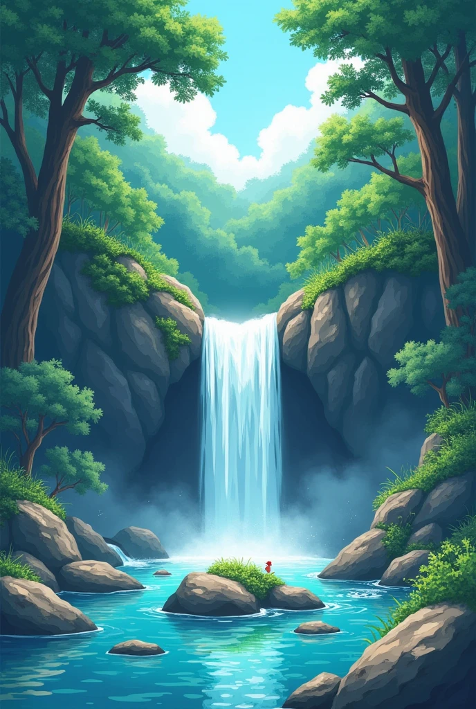 small waterfall manga artwork in anime style in the forest with rocks and trees, small waterfall, small island setting