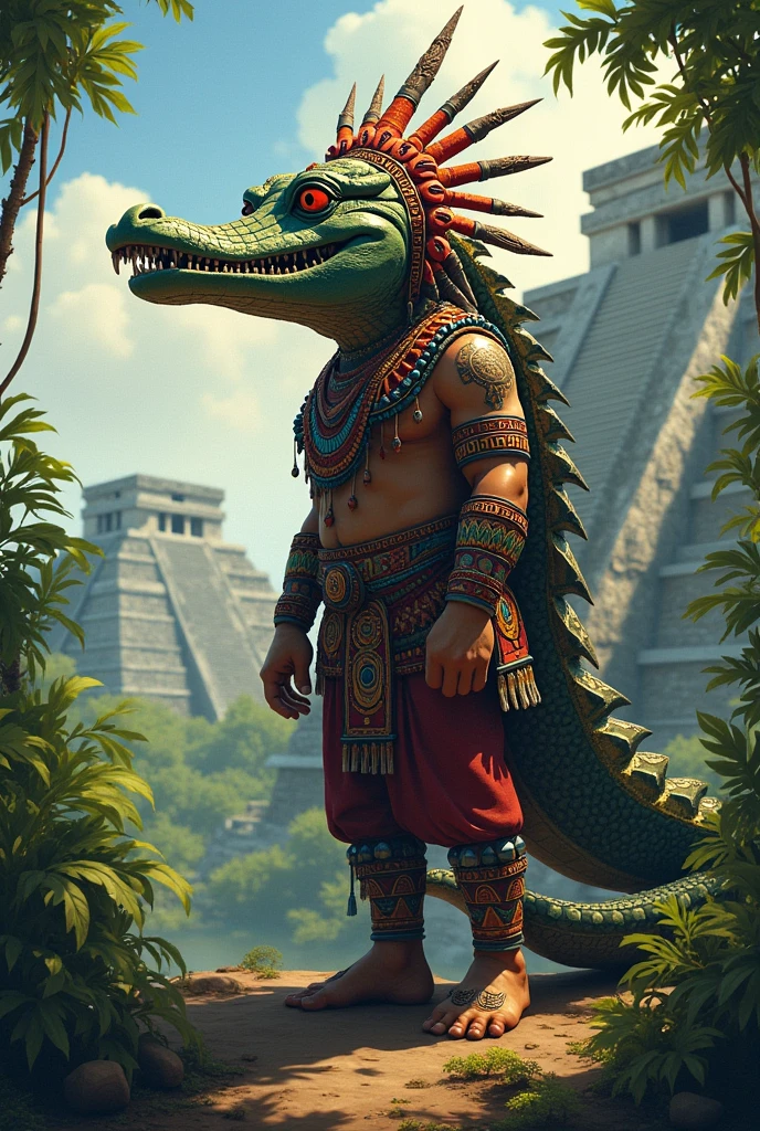 A Mayan dressed as an animated crocodile to draw