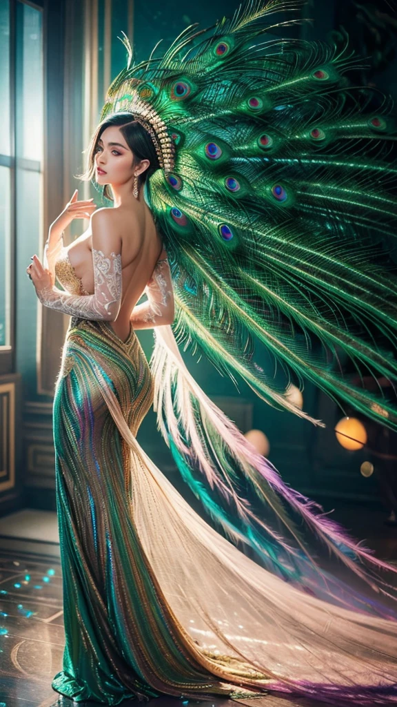 Highly detailed photorealistic of beautiful Caucasian Korean Gorgeous female, graceful walking, attractive graceful dancing movement, wearing a glossy holographic greenish purple peacock feathers gown, intricate embroidery peacock feathers, high-quality, detailed gigantic breasted, realistic, elegant, vibrant colors, glamorous lighting, detailed facial features, professional makeup, luxurious, exotic, peacock feathers, elegant hairstyle, stunning makeup, beauty shot, ethereal, glowing, mystical, enchanting, mysterious, luxury room setting, vibrant colors, atmospheric lighting, bokeh, backlite