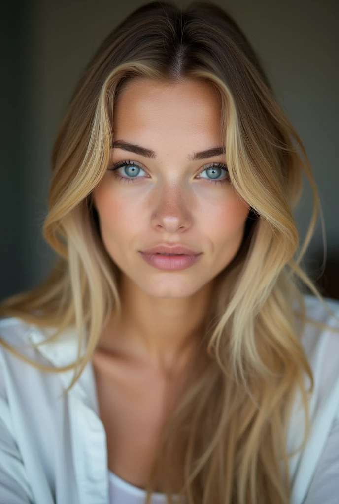 femme blonde aux yeux bleus en mode décontracté