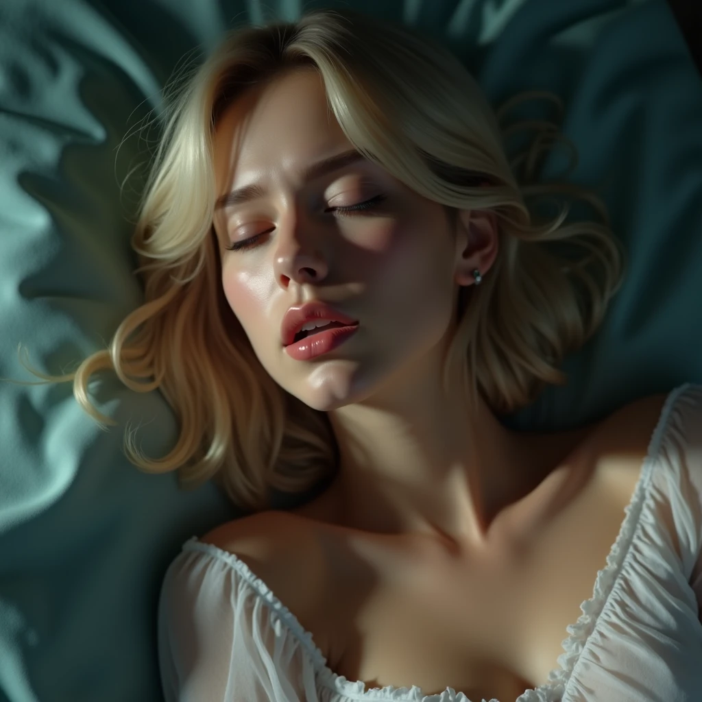 (shoulder-length straight short hair:0.9),(blonde hair:1.5),ï¼ˆExtremely meticulous CG 8k wallpaperï¼‰ï¼Œï¼ˆExtremely refined and beautifulï¼‰ï¼Œï¼ˆMasterpieceï¼‰ï¼Œï¼ˆbest qualtiy:1.0ï¼‰ï¼Œï¼ˆUltra High Resolution:1.0ï¼‰ï¼Œbeautiful light upï¼ŒPerfect lightning,realistic shadedï¼Œ[A high resolution],(Smooth and flawless fair skin:1.5),(shiny skin:1.5),Extremely exquisite facial detailsï¼Œultra - detailedï¼ŒA girlï¼Œsmall head,dawn,dim light,Close Shot,at home,in bedroom,lying flat on back in bed,blue green background,(Close eyes:1.5), sleeping, fainting,(Painful:1.3) ,(open mouth:1.3),(drooling:1.4)ï¼ŒTop down overhead camera perspectiveï¼Œsmall face,ï¼ˆperfect body:1.1ï¼‰,large breastsï¼Œbig chestï¼Œslim,(white transparent pajama shirt:1.5),nipple pokies visible,(femal orgasmic:1.8),(blush:1.3),(most intense pleasure:1.2),imminent cumming,moment of ecstasy,ahegao,full body shot,portrait, (mckenna grace:madi teeuws:cameron richardson)
