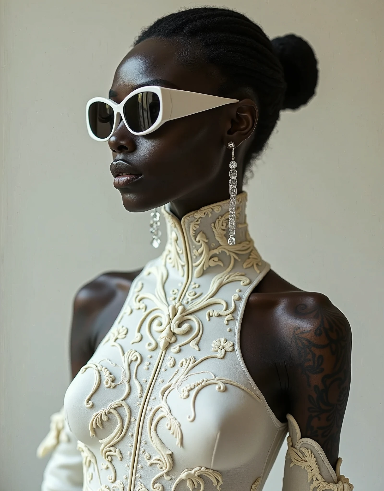 black fashionista in a white dress by Gucci, in sunglasses, sublime
intricate design, 3d printed silicone dress, tattooed skin, inspired
by Daphne Allen, symmetrical, intricate, trending on Artstation,
dystopian scifi outfit, looks like Crystal Kay, carved ivory, mysterious, intricate,
ultra high quality model, masterpiece, sharp focus, depth of field