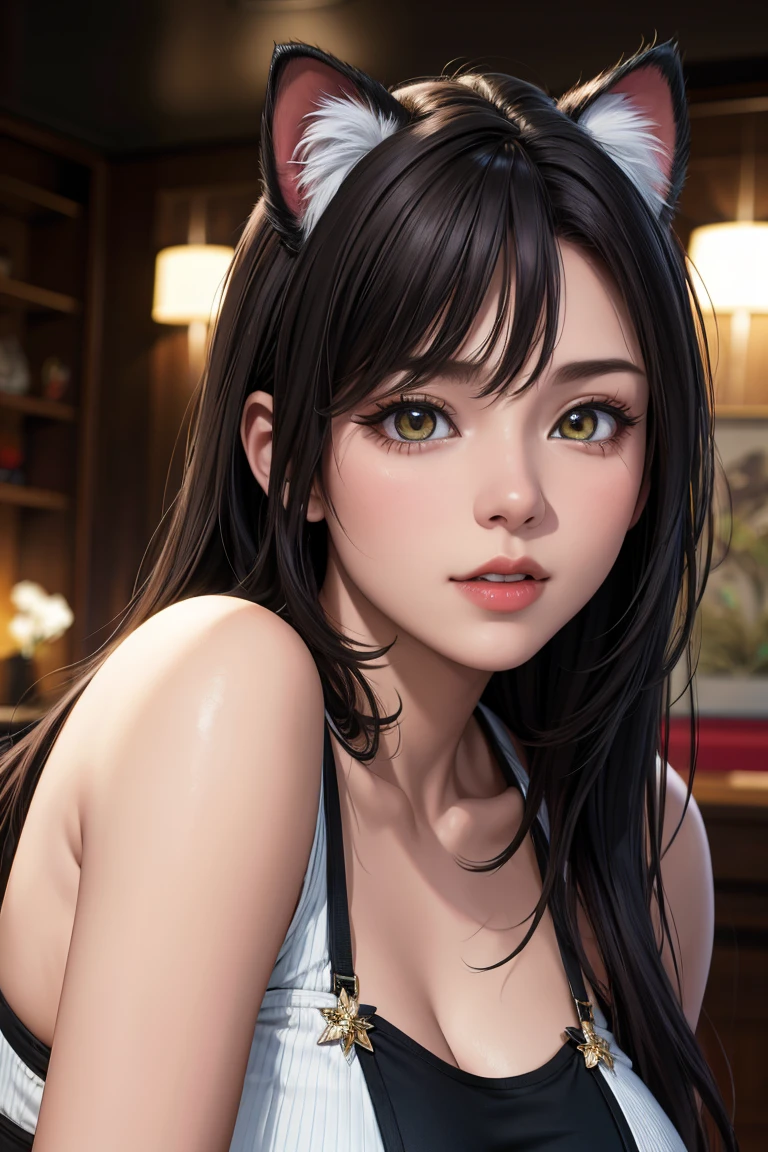 (Highest quality,4K,8k,High resolution,masterpiece:1.2),Very detailed,(Realistic,photoRealistic,photo-Realistic:1.37),High resolution,超High resolution,Ultra-fine painting,Sharp focus,Physically Based Rendering,Very detailed説明,Professional,Vibrant colors,Bokeh,((Portraiture)),1 person,((Cats eye)),((Showgirl))
