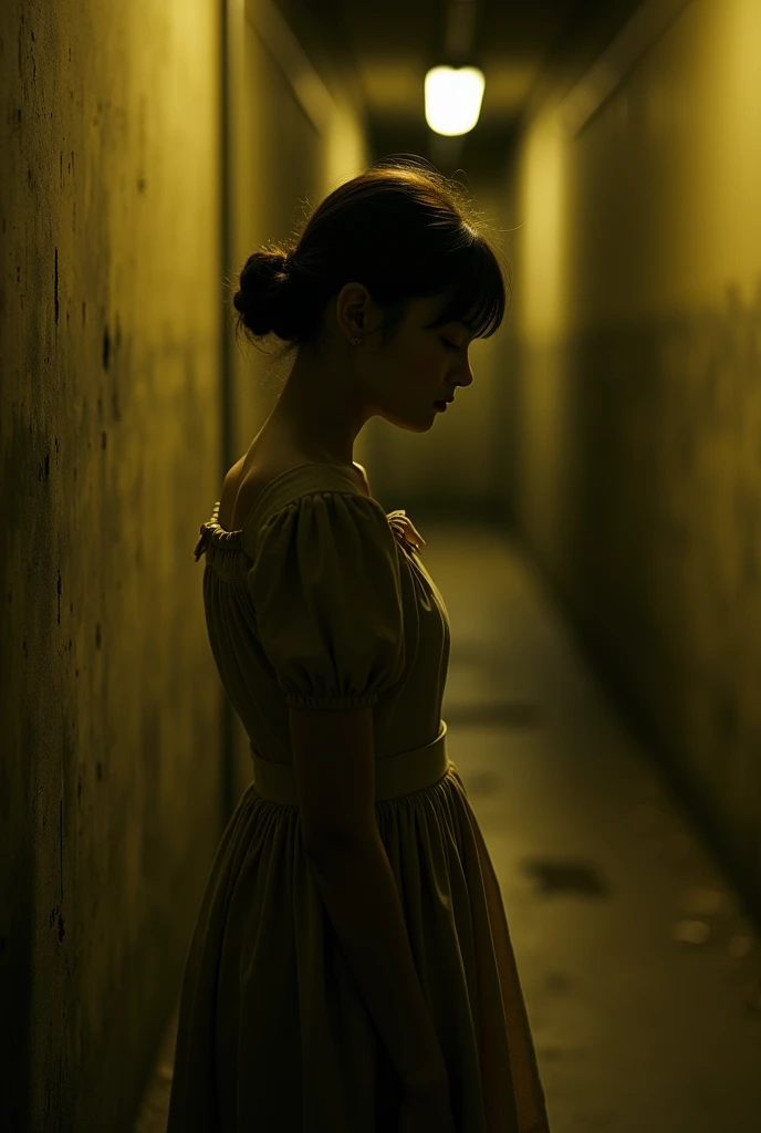 1fille,,Ton vintage,Contraste élevé,robe,tunnel,lumière tamisée,thème jaune foncé,mélancolie,Séance,contre le mur,triste