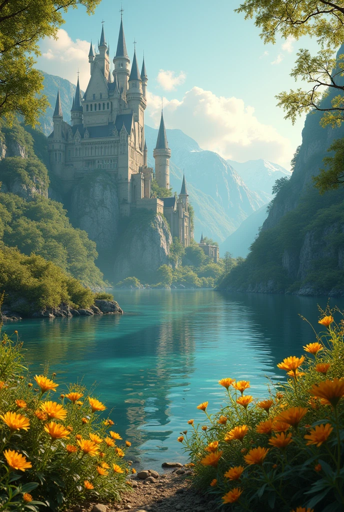 A magical place,  with a castle in the upper left corner, a beautiful lake and yellow flowers

