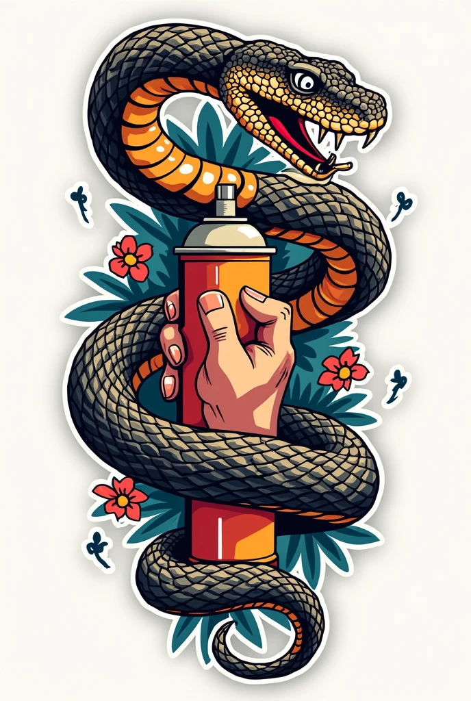 I want you to draw a tattoo of a neo-traditional snake coiled up and down on a hand that is in the same direction and that the hand is holding a spray can that has coherence and harmony of colors that is a sticker style design.
