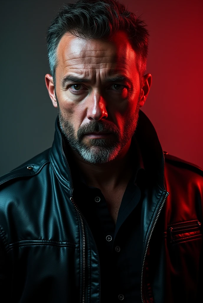 black leather jacket, man wearing black leather jacket, detailed facial features, high quality portrait, photorealistic, studio lighting, dramatic lighting, sharp focus, cinematic, intense colors, moody, dramatic, powerful expression, cinematic composition, epic, heroic, masculine
