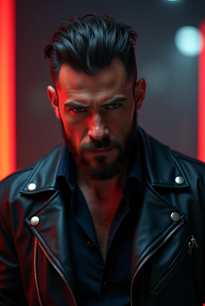 black leather jacket, man wearing black leather jacket, detailed facial features, high quality portrait, photorealistic, studio lighting, dramatic lighting, sharp focus, cinematic, intense colors, moody, dramatic, powerful expression, cinematic composition, epic, heroic, masculine
