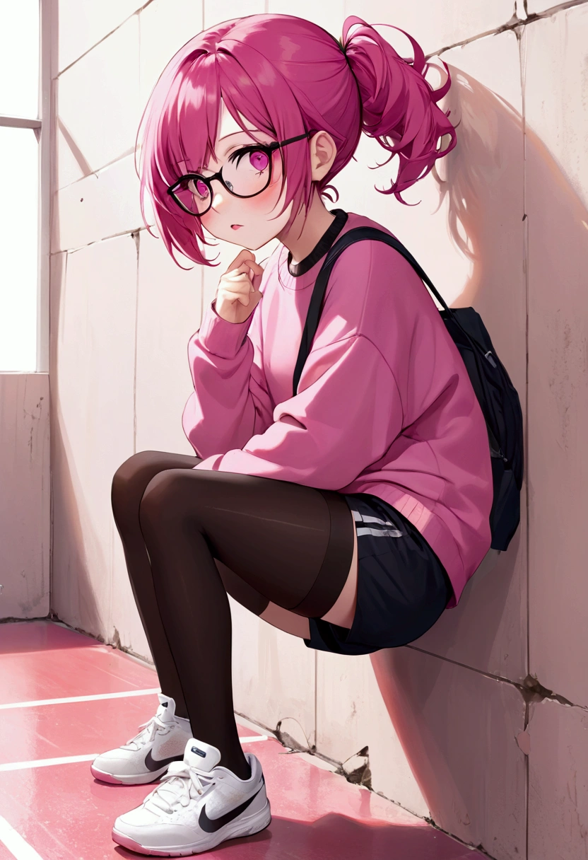 pink hair black glasses pink eyes extremely blushed a big pink sweater black shorts black stockings white tennis shoes that is a reserved girl stuck to a wall grabbing the butt 