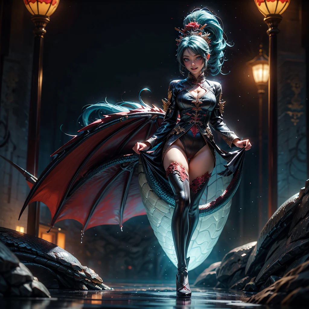 (Full Body of Extremely Detailed Dragon girl) with (Sparkling Red eyes) Cyan hair in a high ponytail, liquid hair, flowers, (Huge dragon head) in background, 8K TopQuality UltraDetailed Masterpiece of Professional Photo, HDR ultra-fine painting, LifeLike rendering, extreme detail description, professional, Bright colors, bokeh, (Exposed Hourglass Body Shape)