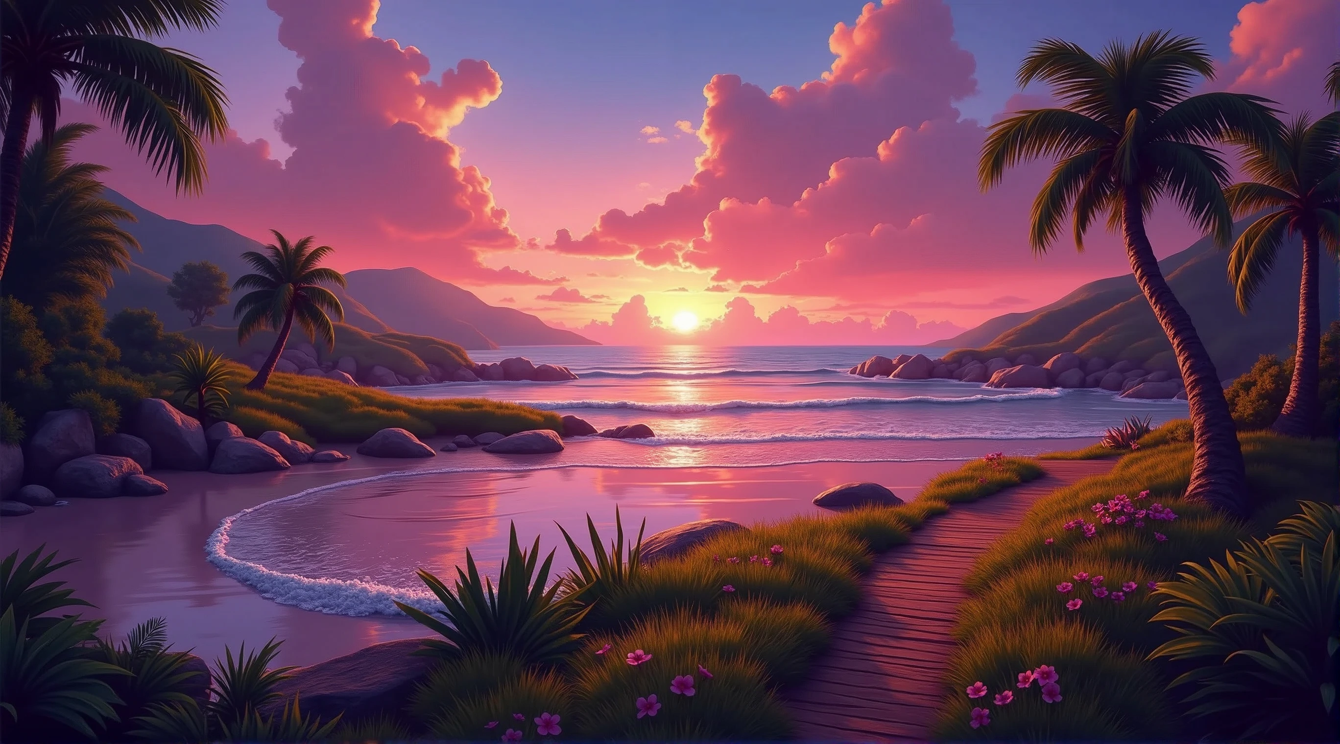 Stunning digital art with artistic brush strokes, (best quality, realistic: 1.37), beautiful UHD 4K art, horizontal direction, impressionism style painting, beautiful landscape, epic painting, full of colors and rich details, blue sky, bright sunlight, vibrant colors, enchanting landscapes, trees, tropical paradise, relaxing vibes, tranquil landscape, exquisite brush strokes, harmonious composition, dreamlike ambiance, meticulous attention to detail, dynamic brush strokes, dramatic lighting, impeccable realism, captivating textures, impressive depth, serenity and tranquility, fantastic play of light and shadow, breathtaking natural beauty, inviting and picturesque, perfect balance of colors, beautiful vegetation carefully crafted, artistic interpretation of paradise, beauty of nature captured on canvas
