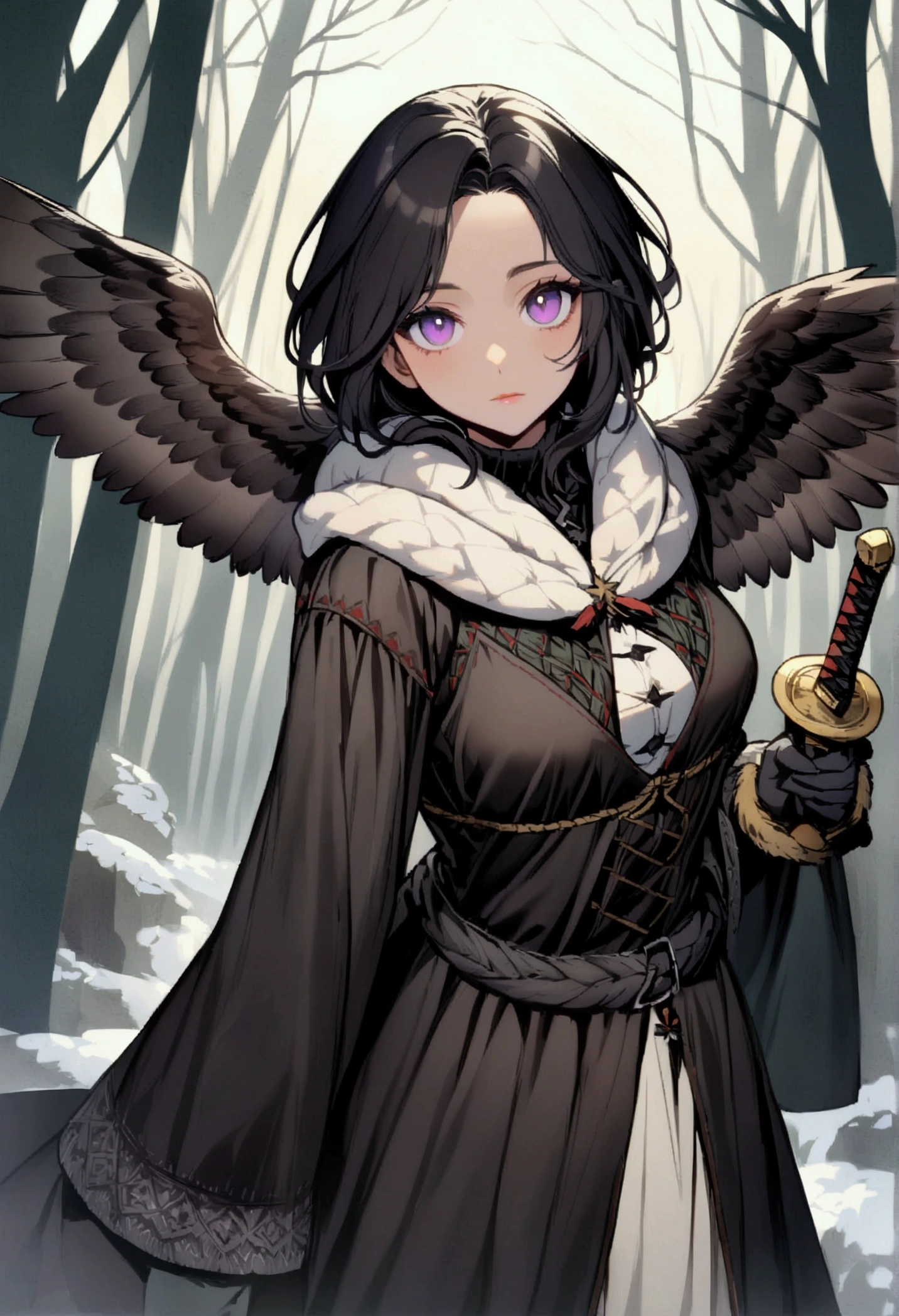 dark haired woman, an owl flying, violet eyes, in the background a dark and dense forest, medieval winter clothes, sword in the back