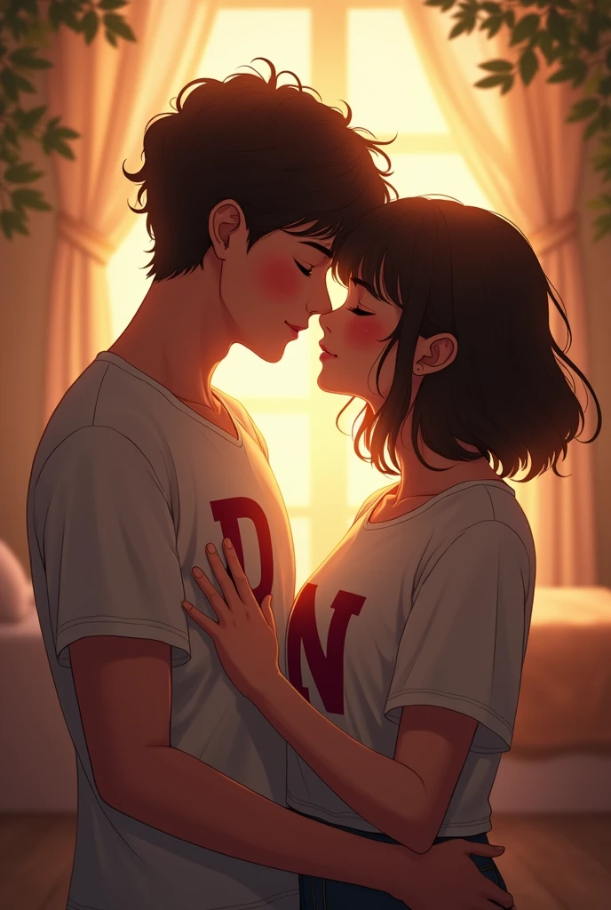 a couple of boyfriends and on the man's shirt there is the letter d that I have brown eyes and have curly but short hair, and the woman has the letter N on her shirt, shoulder-length, semi-curly hair