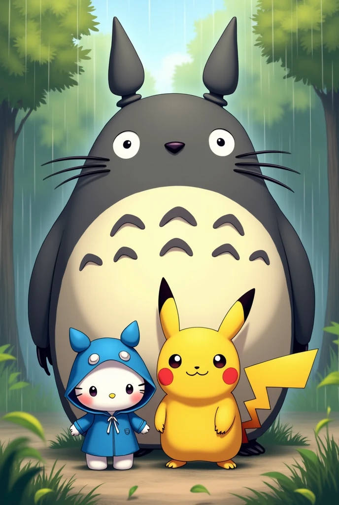 Fat Pikachu and hello kitty blue rain suit and large totoro draw art anime