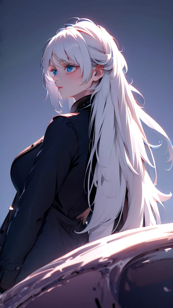 1 girl, medium light white hair, light blue eyes, wearing black suit , night city, absurdres , high res, ultrasharp, 8K, masterpiece, looking from behind