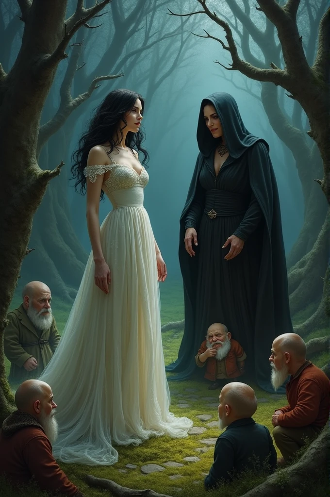 Snow White making the seven dwarfs disappear with the help of her stepmother 