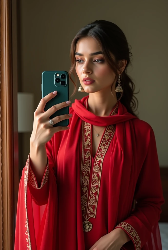 a wanna a realistic picture of human girl who is exact replica of ayeza khan having dimples and fair skin wearing eastern red shalwaar qamees with scarf taking picture in morror with iphoone 15 pro max in hand full picture from head to feet