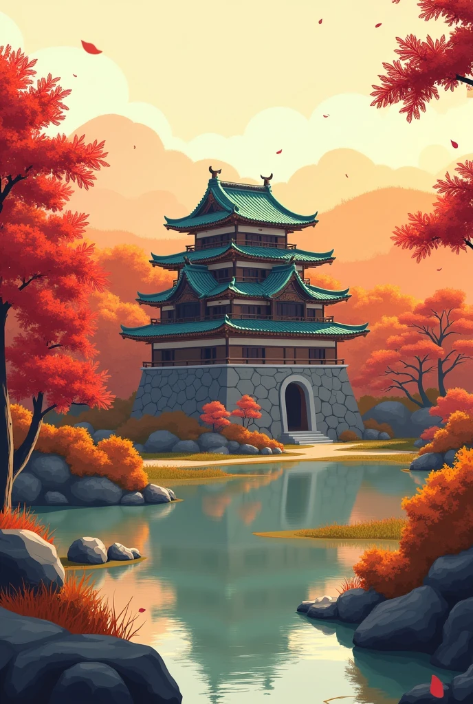 Make japanese aki theme a small one castle in 2d illustration 

Make easy 