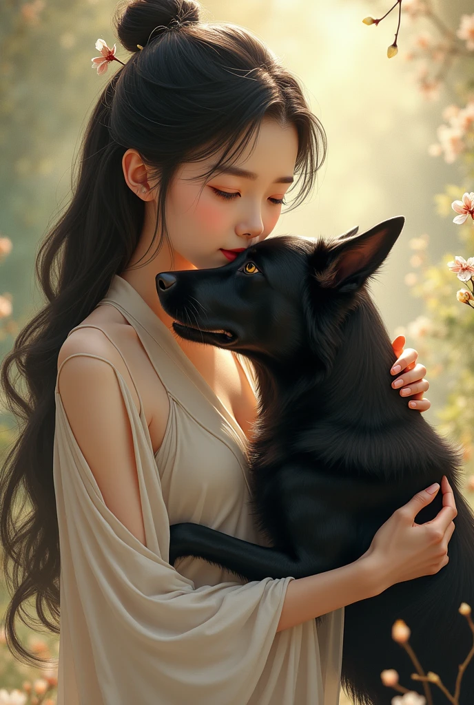 A Asian woman with a black dog kissing its tail 