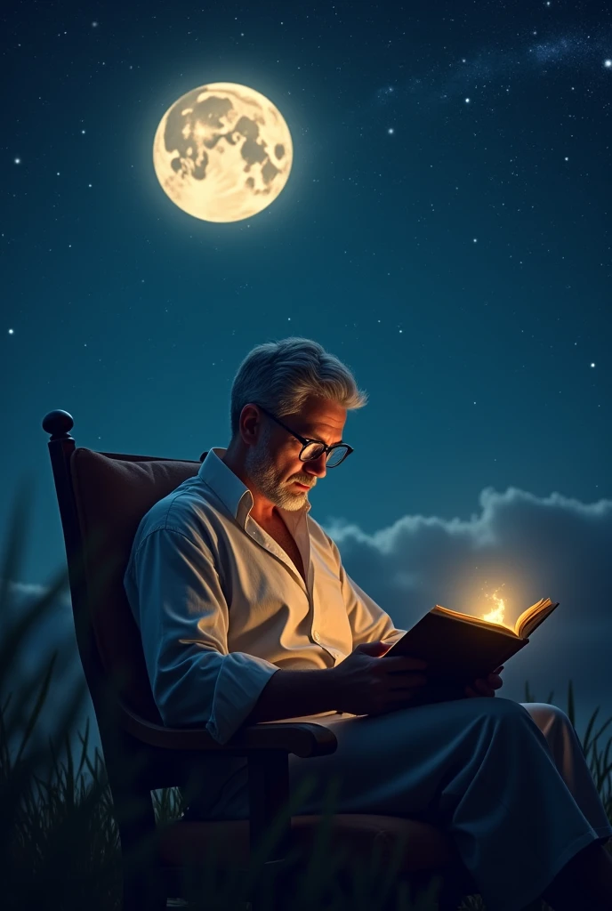 A man who read book under the moon sky