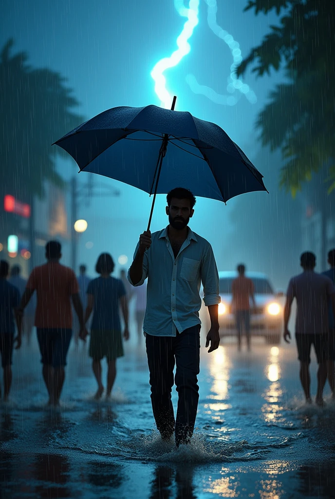 In Pondicherry city full of heavy rain a person with white shirt and black pank with an dark blue umbrella and dark hair and beard he helping others during flood dramatic thunder lightning in night