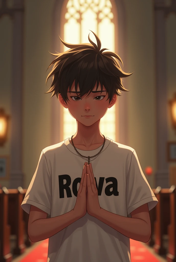 Une jeune garçon avec un mot Rova sur son tee-shirt Blanc avec un collier croix qui prie à l'église