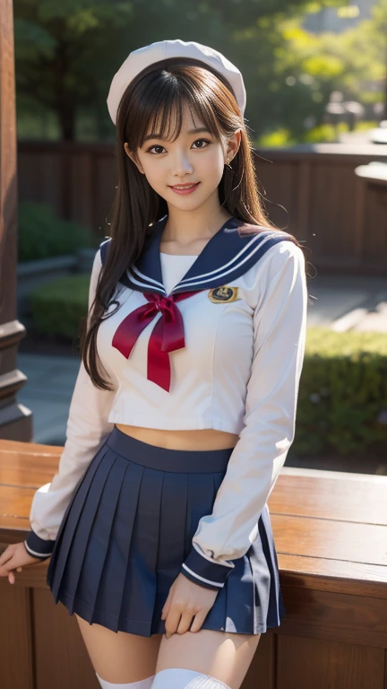 (A gorgeous Japanese idol, age 22, wearing seifuku, school uniform, sailor moon, jk uniform, high-school uniform, red ribbon, sailor hat, knee high socks, natural poses, in a cafe,
Easygoing expressions, kind smile, dimpled chins, cute snaggle-tooth, short bob hair ponytail, symmetrical face, realistic detailed face, beautiful detailed eyes, perfect body proportions, perfect body anatomy, hourglass figure, ample round bosoms, medium breasts,
Raw photo, photorealistic, realistic portrait, hyper-realism, high contrast, ultra HD, realistic skin textures, top image quality, top-quality, super high resolution, fine details, very meticulously, masterpiece, medium shot, close-up shot, cowboy shot, High Angle Shot, bokeh_background, SFW, Safe For Work)