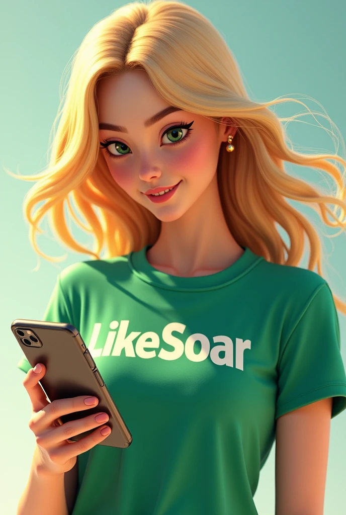 female character with phone in hand and LikeSoar written on her t-shirt, blonde hair, green t-shirt
