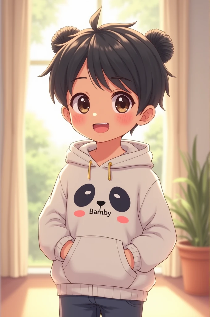 cute indian anime boy wearing white panda hoodie written bamby on hoodie