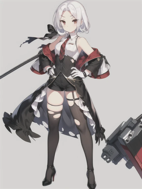 Vittorio_Veneto \(warship girls r\),((masterpiece)),(((best quality))),((ultra-detailed)),((illustration)),((disheveled hair)),((frills)),(1 girl),(solo),1girl, animal, armpits, bangs, bare shoulders, black bow, black footwear, black gloves, black legwear, black skirt, bow, braid, breasts, burnt clothes, cat, chair, closed mouth, collared shirt, cup, damaged, dog, eyebrows visible through hair, floating hair, full body, gloves, gradient, gun, hair bow, hair ribbon, hand on hip, high heels, holding, holding cup, jacket, short hair, long sleeves, looking at viewer, necktie, red eyes, ribbon, saucer, shirt, shoes, sidelocks, skindentation, skirt, sleeveless shirt, solo, standing, striped, teacup, thighhighs, thighs, torn bike shorts, torn cape, torn clothes, torn dress, torn gloves, torn jacket, torn legwear, torn leotard, torn pants, torn shirt, torn shorts, torn skirt, torn sleeves, torn swimsuit, very long hair, white hair, white shirt