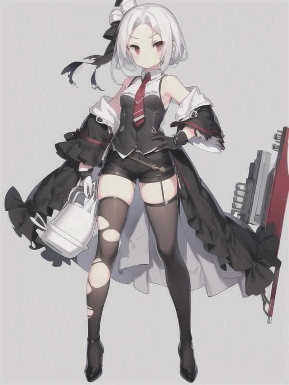 Vittorio_Veneto \(warship girls r\),((masterpiece)),(((best quality))),((ultra-detailed)),((illustration)),((disheveled hair)),((frills)),(1 girl),(solo),1girl, animal, armpits, bangs, bare shoulders, black bow, black footwear, black gloves, black legwear, black skirt, bow, braid, breasts, burnt clothes, cat, chair, closed mouth, collared shirt, cup, damaged, dog, eyebrows visible through hair, floating hair, full body, gloves, gradient, gun, hair bow, hair ribbon, hand on hip, high heels, holding, holding cup, jacket, short hair, long sleeves, looking at viewer, necktie, red eyes, ribbon, saucer, shirt, shoes, sidelocks, skindentation, skirt, sleeveless shirt, solo, standing, striped, teacup, thighhighs, thighs, torn bike shorts, torn cape, torn clothes, torn dress, torn gloves, torn jacket, torn legwear, torn leotard, torn pants, torn shirt, torn shorts, torn skirt, torn sleeves, torn swimsuit, very long hair, white hair, white shirt