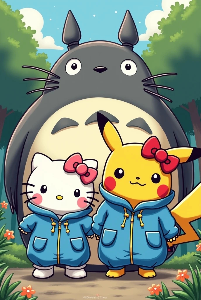 Fat Pikachu and hello kitty blue rain suit and large totoro draw art anime