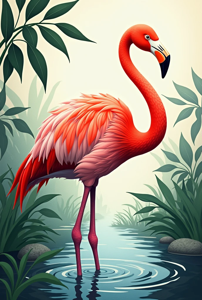 Flamingo standing looking sideways with paw raised, composition of water and leaves in tattoo shape