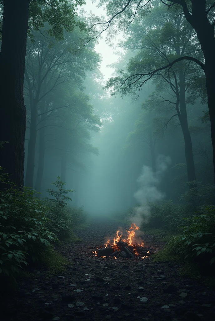 A creepy place in forest that in the morning scene whare are ashes after doing a scray ritual and no one is around