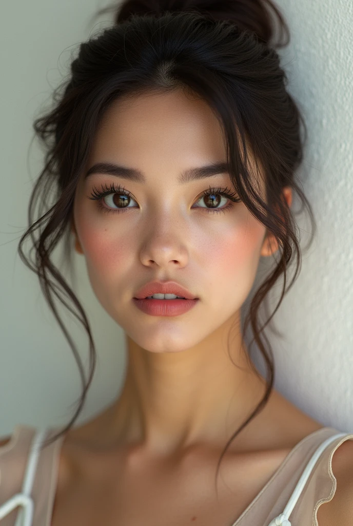 A Brazilian woman with a round face Angled and straighter eyebrows help to elongate the face and create the illusion of a more oval shape. A subtle bow adds an elegant touch.a.