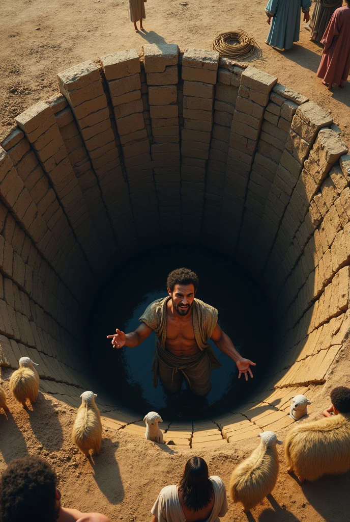 Creating images of a young man inside a deep, waterless well, in biblical times, there are people and sheep at the edge of the well