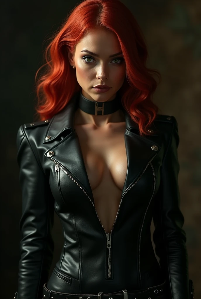 Hot lady,dominatrix with red hair and green eyes,looking down at you with clothed in a leather suit